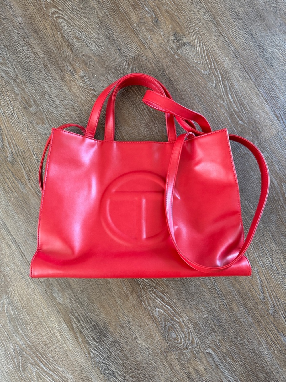 Red Leather Tote Bag with Embossed Circle Detail